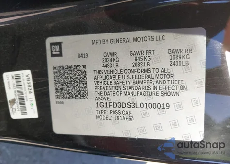 2020 Chevrolet Camaro Rwd 3Lt из США, поврежденный, VIN 1G1FD3DS3L0100019